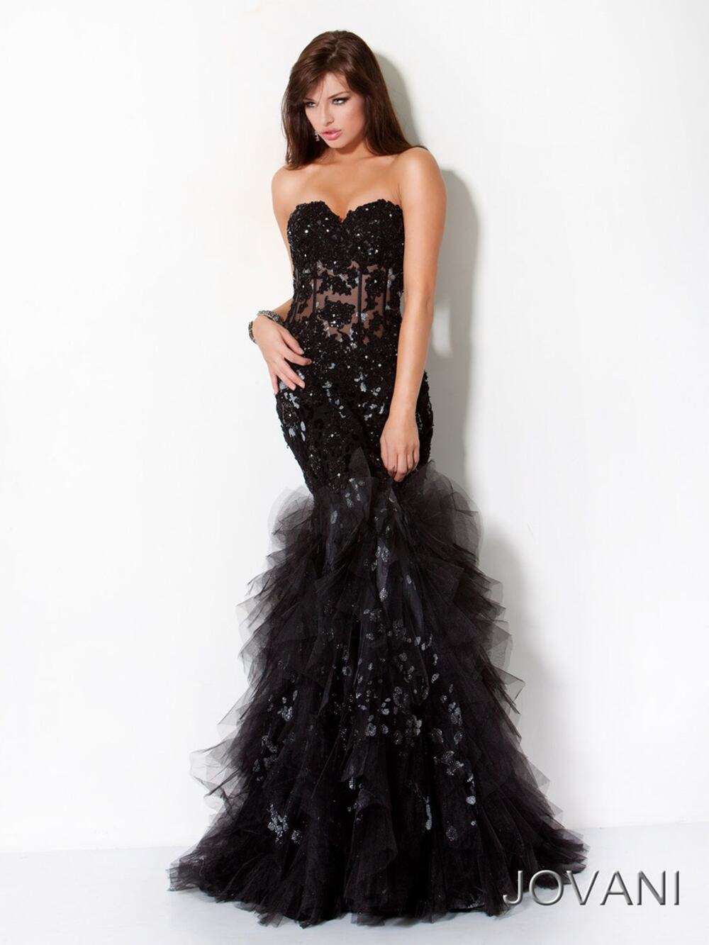 Jovani Black Silver Strapless Mermaid Gown Corset Tulle Sz 0 MSRP $620